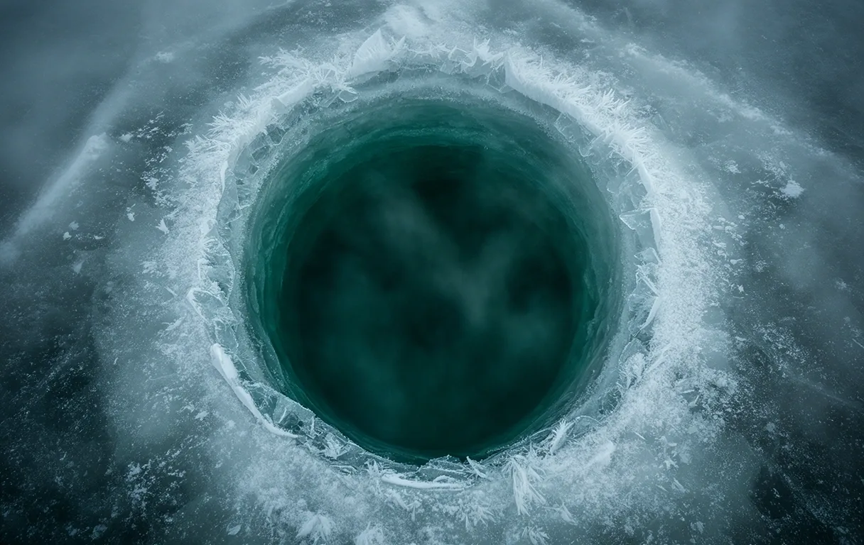 Ice fishing hole perspective.