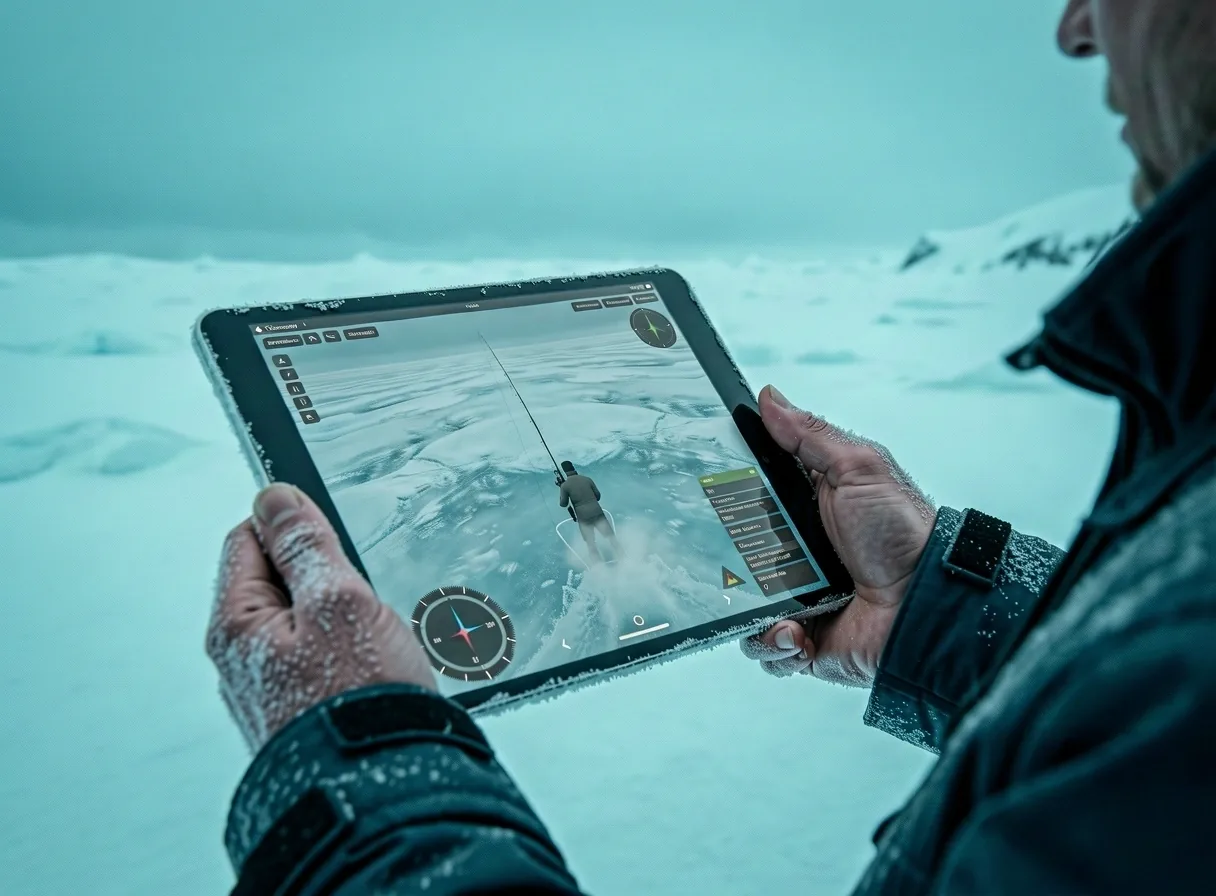 Arctic fishing simulation active on a mobile device in a tundra environment