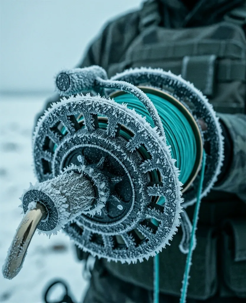 Technical close-up of arctic fishing equipment